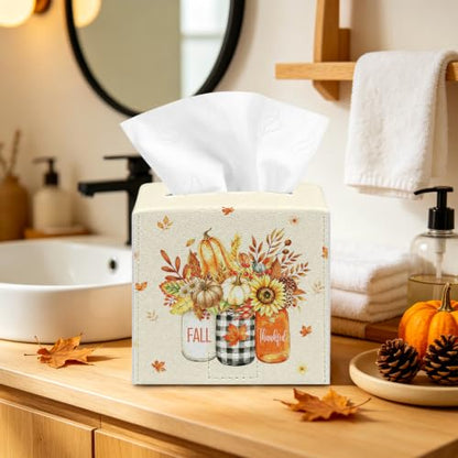 Fall Tissue Box Cover - Autumn Pumpkin & Maple Leaves PU Leather Decor
