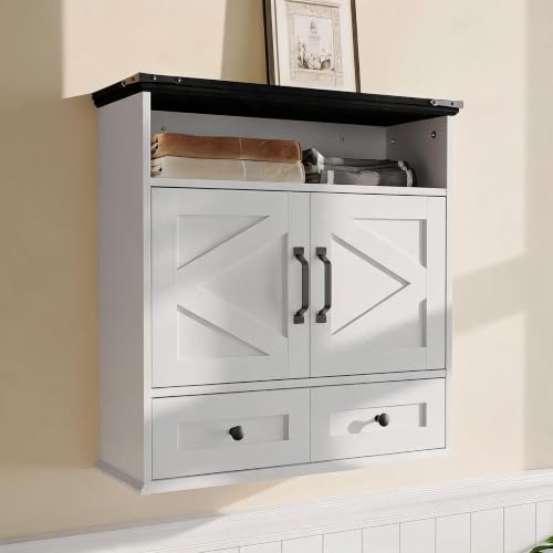 White Wall Mounted Bathroom Cabinet with Double Barn Doors and Removable Drawer - Farmhouse Style
