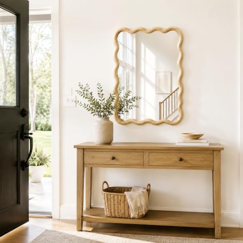 Wavy Solid Wood Mirror - Boho Rectangular Wall Mirror 20x30 Inches - Natural Finish