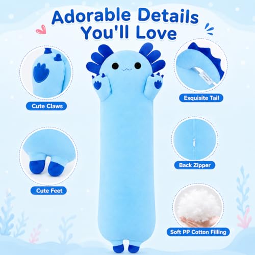 Long Axolotl Plush Pillow 43.3 Inch - Soft Blue Stuffed Animal for Kids & Gift