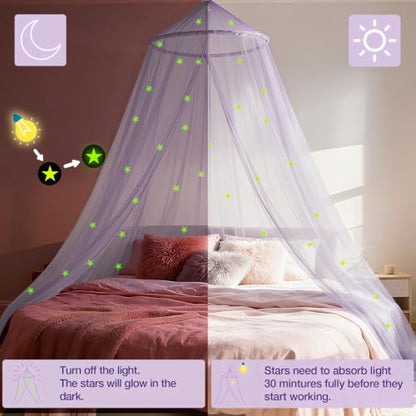 Glow-in-the-Dark Star Bed Canopy for Girls, Pale Purple Princess Decor