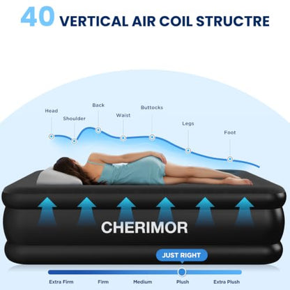 Black Queen Air Mattress with Built-In Pump 18in Leak-Tested Durable Support