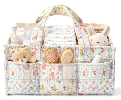 Corduroy Baby Diaper Caddy Organizer with Handles - Spliced Flower Variation