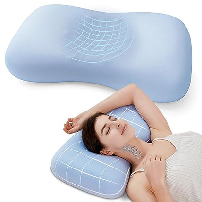 Ergonomic Contour Design Memory Foam Pillow for Side & Back & Stomach Sleepers, Cervical Shape Pillow for Bed Sleeping Gently Cradles Head & Provides Neck Support & Shoulder Pain Relief | Blue