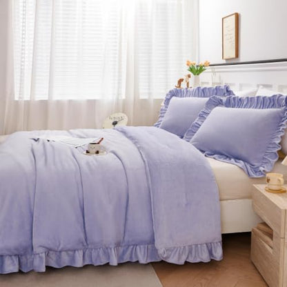 Purple Full Size Fluffy Faux Fur Comforter Set for Girls - Lavender Bedding with Ruffled Edges