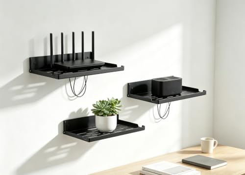 Foldable 14x8 Inch Wall Mount Router Shelf with Cable Hole - Black