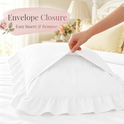 White Ruffle Euro Sham Covers 26x26 Set of 2 - Microfiber Decorative Pillowcases