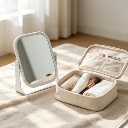 Beige Plastic 360-Degree Rotating Double-Sided Makeup Mirror - Rectangular, Desktop Stand