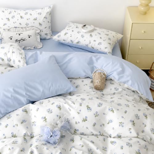Queen Floral Duvet Cover Set - Blue 3-Piece Bed Bedding
