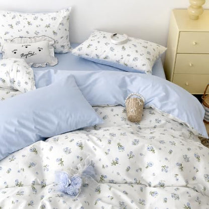 Queen Floral Duvet Cover Set - Blue 3-Piece Bed Bedding