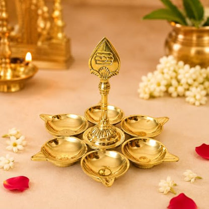 Brass Murugan Vel Kuber Diya with 6 Wicks - Traditional Oil Lamp for Puja & Temples