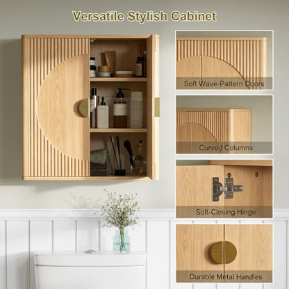 Oak Wall-Mounted Medicine Cabinet with Adjustable Shelves - Bathroom Storage