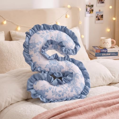 Marsui S Letter Throw Pillow Blue Floral Ruffle Dorm Decor 13.78x11.81''