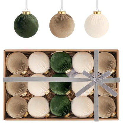 Velvet Christmas Ornaments Set - 15 Green & Brown Fabric Balls, 3.15 Inch - Holiday Decor