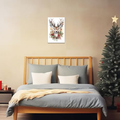 Christmas Deer Canvas Wall Art Watercolor Reindeer Print - 16x24 Inches - Deer 2