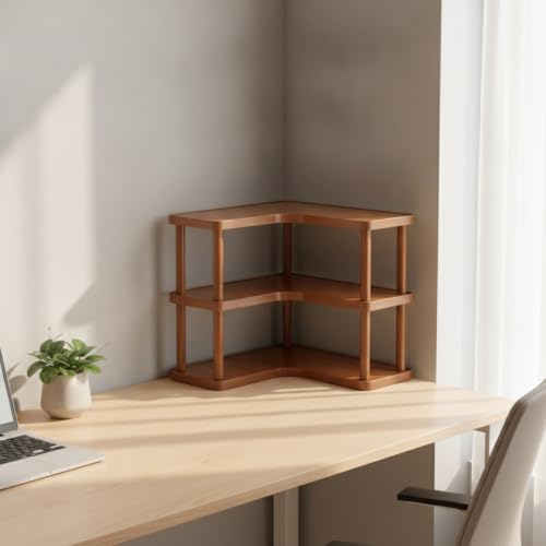 Three Tier Bamboo Corner Desk Organizer - L Shaped Wall Mount Storage Rack