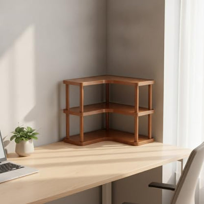 Three Tier Bamboo Corner Desk Organizer - L Shaped Wall Mount Storage Rack