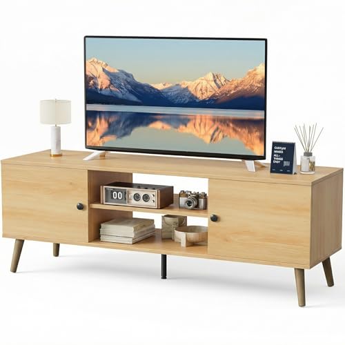 Wood TV Stand for 55-60 Inch TVs with Storage and Adjustable Feet