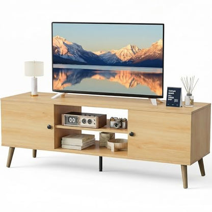 Wood TV Stand for 55-60 Inch TVs with Storage and Adjustable Feet
