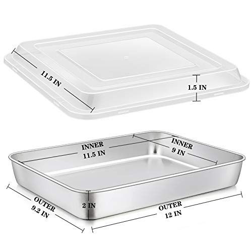 E-far Stainless Steel Baking Pan with Lid, 12⅓ x 9¾ x 2 Inch Rectangle Sheet Cake Pans with Covers Bakeware for Cakes Brownies Casseroles, Non-toxic & Healthy, Heavy Duty & Dishwasher Safe