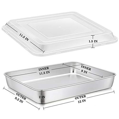 E-far Stainless Steel Baking Pan with Lid, 12⅓ x 9¾ x 2 Inch Rectangle Sheet Cake Pans with Covers Bakeware for Cakes Brownies Casseroles, Non-toxic & Healthy, Heavy Duty & Dishwasher Safe