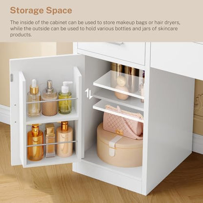 Vanity Desk with Mirror and RGB Cabinets, 6 Storage Units, Built-in Power Outlet