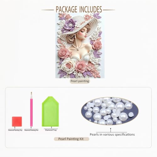 Lady Pearl Painting with 3D Crystal & Pearl Details - Framed Artwork