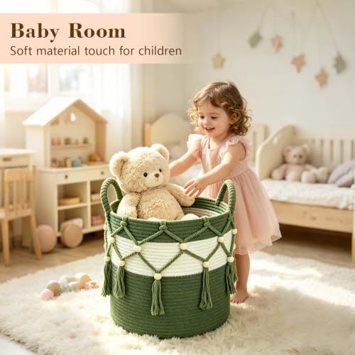 Green Cotton Rope Blanket Basket for Living Room Storage & Toy Organizer