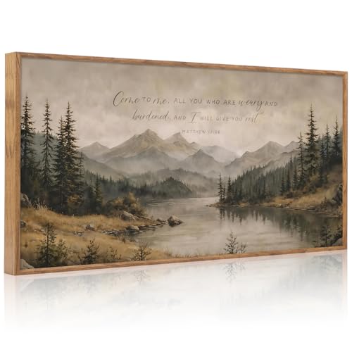 Mountain Lake Forest Wall Art - Matthew 11:28 Come to Me - 40x20 Inch Framed Nature Decor