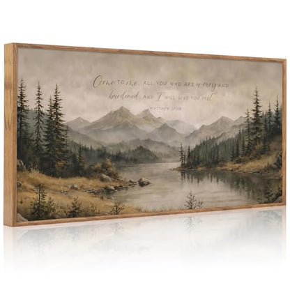 Mountain Lake Forest Wall Art - Matthew 11:28 Come to Me - 40x20 Inch Framed Nature Decor