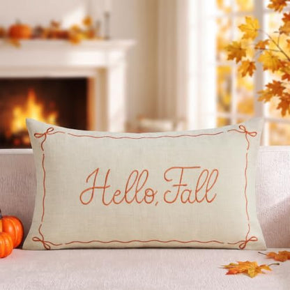 Embroidered Fall Pillow Cover 12x20 Beige - Farmhouse Thanksgiving Decor