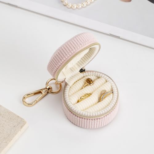 Pink Velvet Jewelry Travel Case with Keychain - Small Ring & Earring Organizer