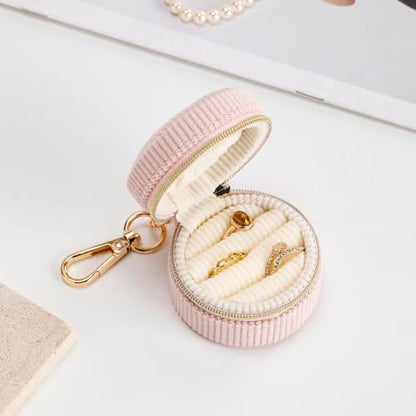 Pink Velvet Jewelry Travel Case with Keychain - Small Ring & Earring Organizer