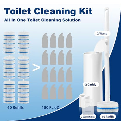 Disposable Toilet Brush Set with 60 Refills Wall Mount or Stand Bathroom Cleaning Kit