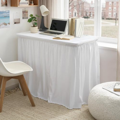 36-Inch White Plush Dorm Desk Skirt with Elastic Fit - Modern Desk Cover