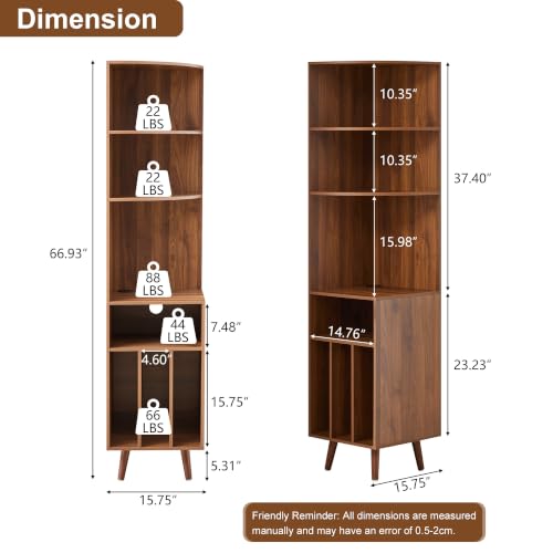 Tall Walnut Corner Record Player Stand with 5-Tier Storage - 67"