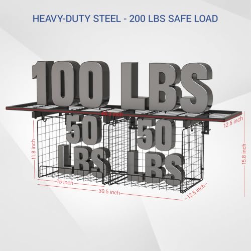 Heavy Duty Garage Wall Shelving with Wire Baskets & Hooks - 1 Pack 4ft