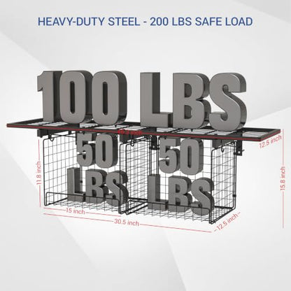 Heavy Duty Garage Wall Shelving with Wire Baskets & Hooks - 1 Pack 4ft