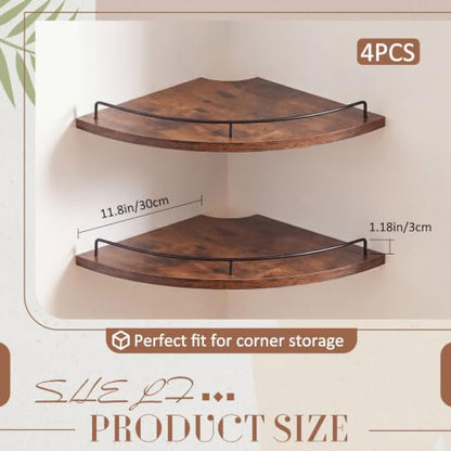 Novabright 4-Pack 12-inch Rustic Corner Floating Shelves Set – Wood & Iron