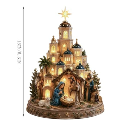 White Bethlehem Nativity Church Light Tower with Holy Family Tabletop Decor