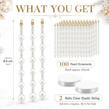 Pearl Christmas Tree Ornaments Set - 100 White Beads with Clear String