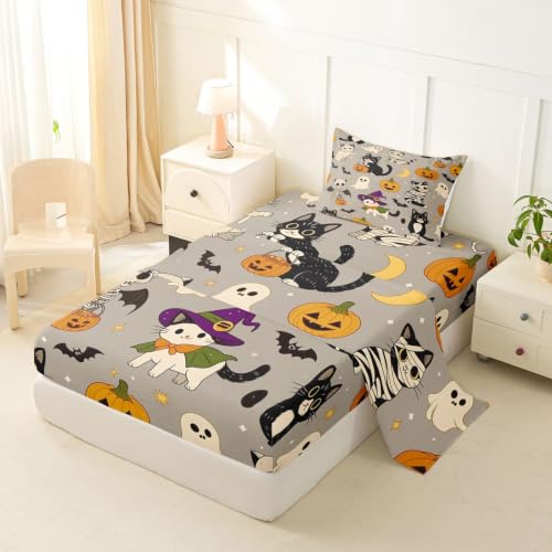 Dusty Gray Multi Cartoon Halloween Bed Sheets Set for Kids Twin Size Pumpkin & Cat Bedding with Deep Pockets