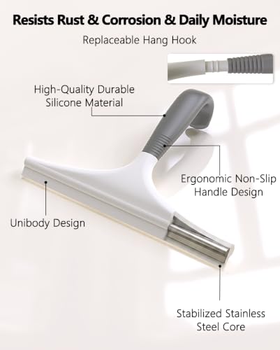 Gray and White 10-Inch Shower Squeegee for Glass Doors with Hook - No Squeak, Streak-Free Cleaning