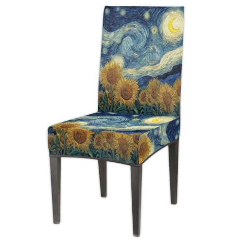 Sunflowers Swirly Moon Print Dining Chair Covers Set of 4 - Removable Washable Stretch Slipcovers for Kitchen
