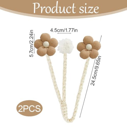 Brown Curtain Tiebacks Set - Boho Twist Rope Holders with Fabric Flowers