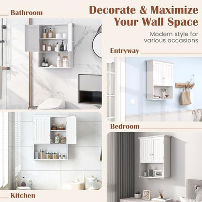 White Bathroom Wall Cabinet with Adjustable Shelf & 2 Doors - Modern Storage