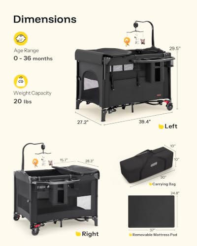 HARPPA 6-in-1 Foldable Baby Playard with Bedside Bassinet - Matt Black