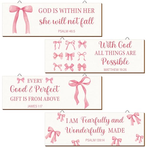 Pink Bow Christian Wall Decor Set - 4 Wooden Religious Room Accents