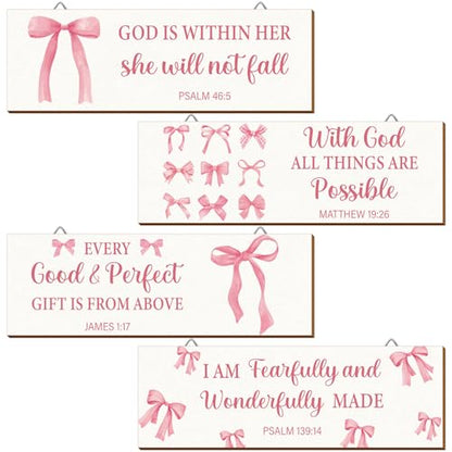 Pink Bow Christian Wall Decor Set - 4 Wooden Religious Room Accents