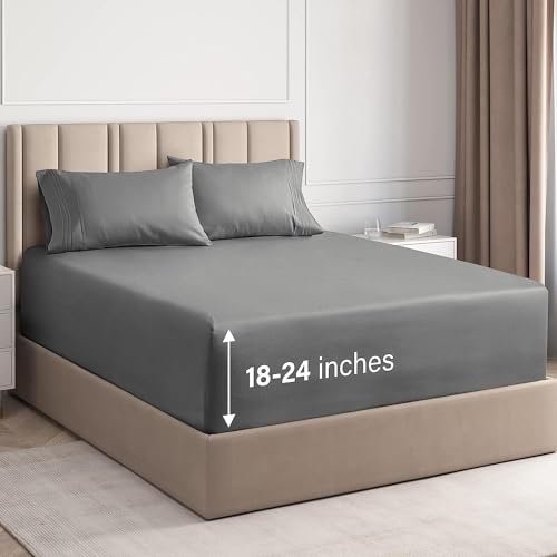 Extra Deep Twin XL Sheet Set - 4 Piece Breathable and Cooling Sheets - Hotel Luxury Bedding for Women, Men, Kids & Teens - Easy & Secure Fit - Soft, Wrinkle Free and Comfy - Extra Deep Pockets - Grey